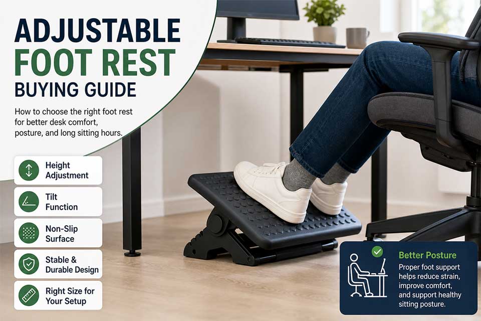 Adjustable foot rest under desk for ergonomic sitting comfort
