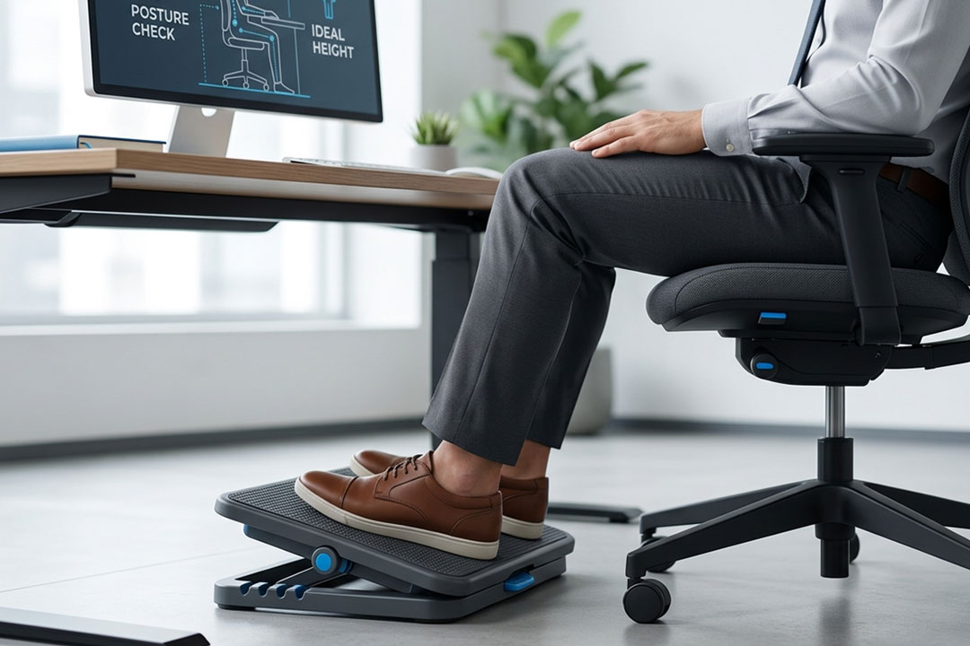 A person sitting ergonomically at a desk using an adjustable footrest to choose the correct footrest height