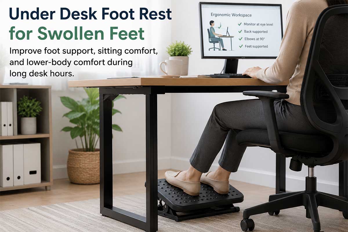 Under desk foot rest supporting feet during long desk sitting