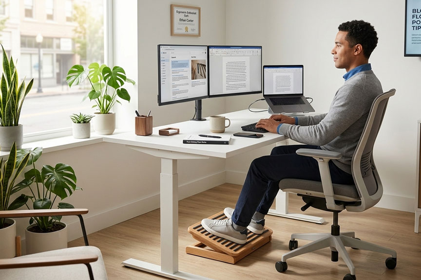 A man sitting comfortably in an ergonomic office chair with his feet on a wooden under-desk footrest to improve blood circulation.