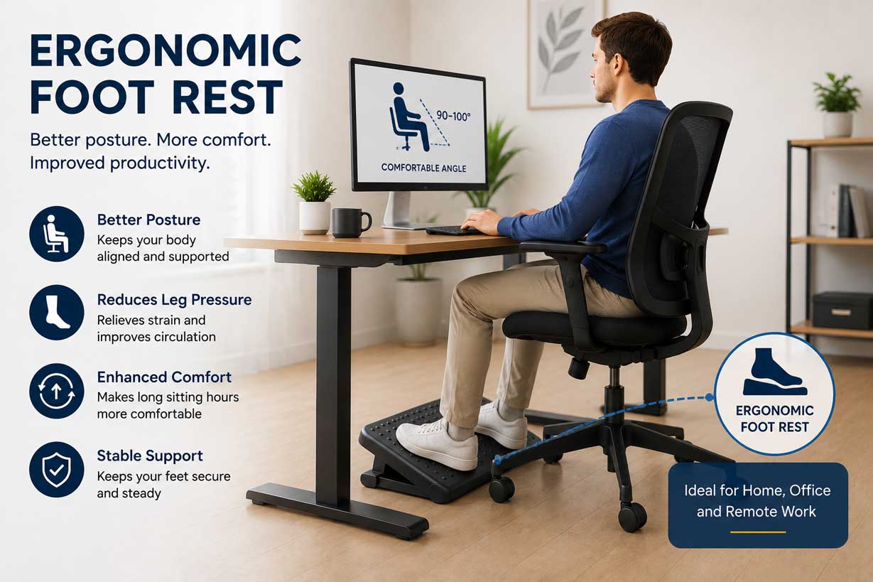 Ergonomic foot rest under desk for better sitting posture and desk comfort