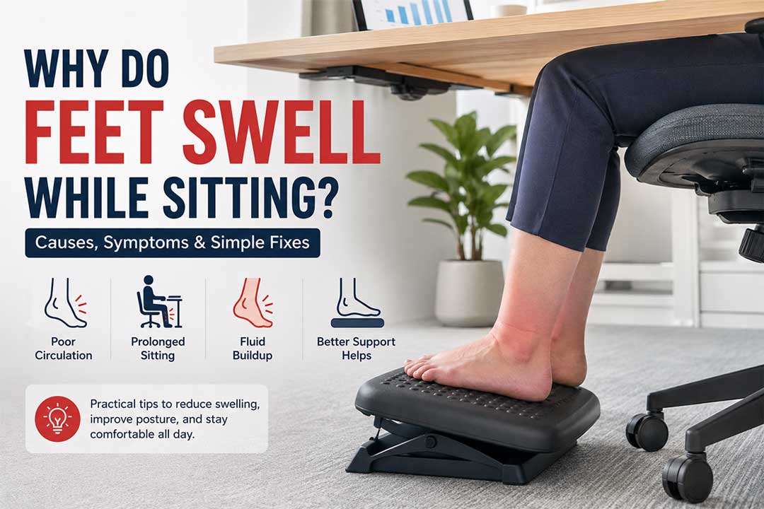 Office worker with swollen feet resting on an ergonomic footrest under a desk