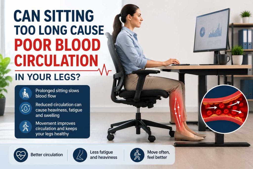 Office worker experiencing poor blood circulation from sitting too long at a desk
