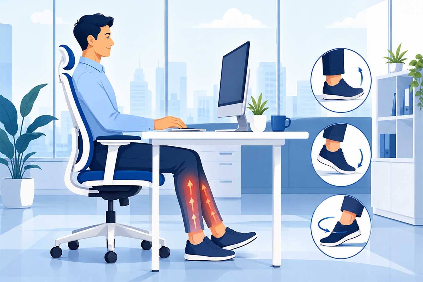 Office worker performing simple foot and ankle movements at a desk to improve circulation and reduce heavy legs after sitting