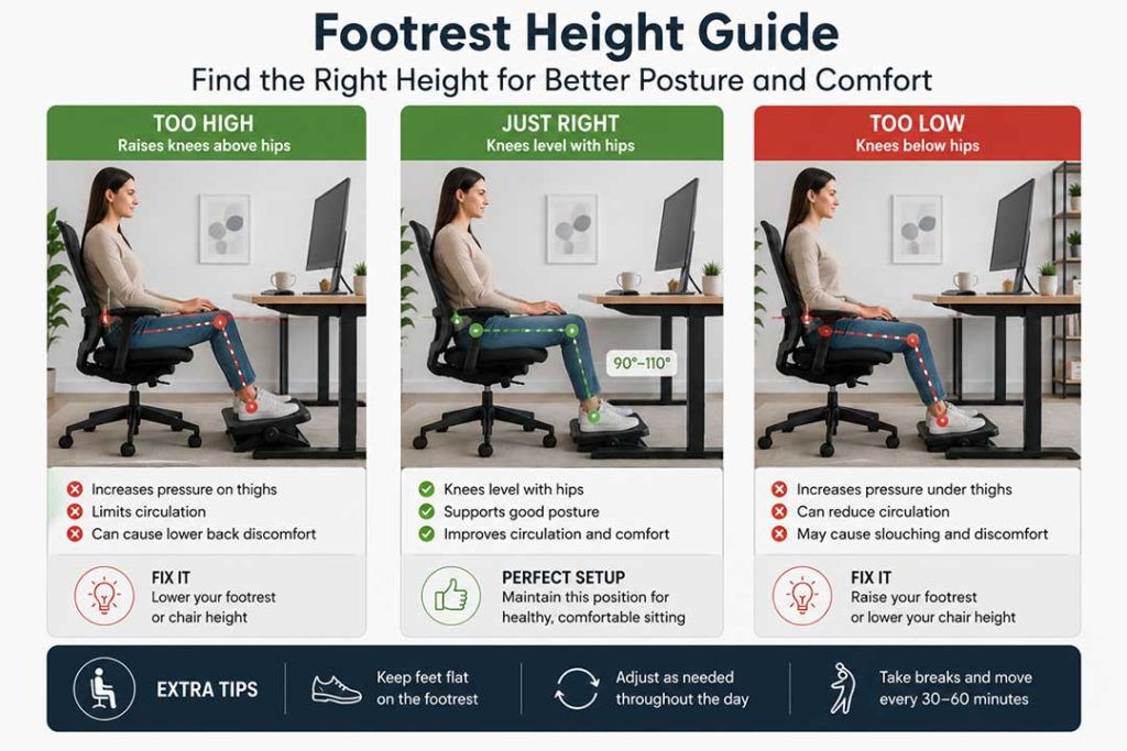 Footrest height guide showing too high, correct, and too low footrest positions for proper sitting posture, circulation, and desk comfort