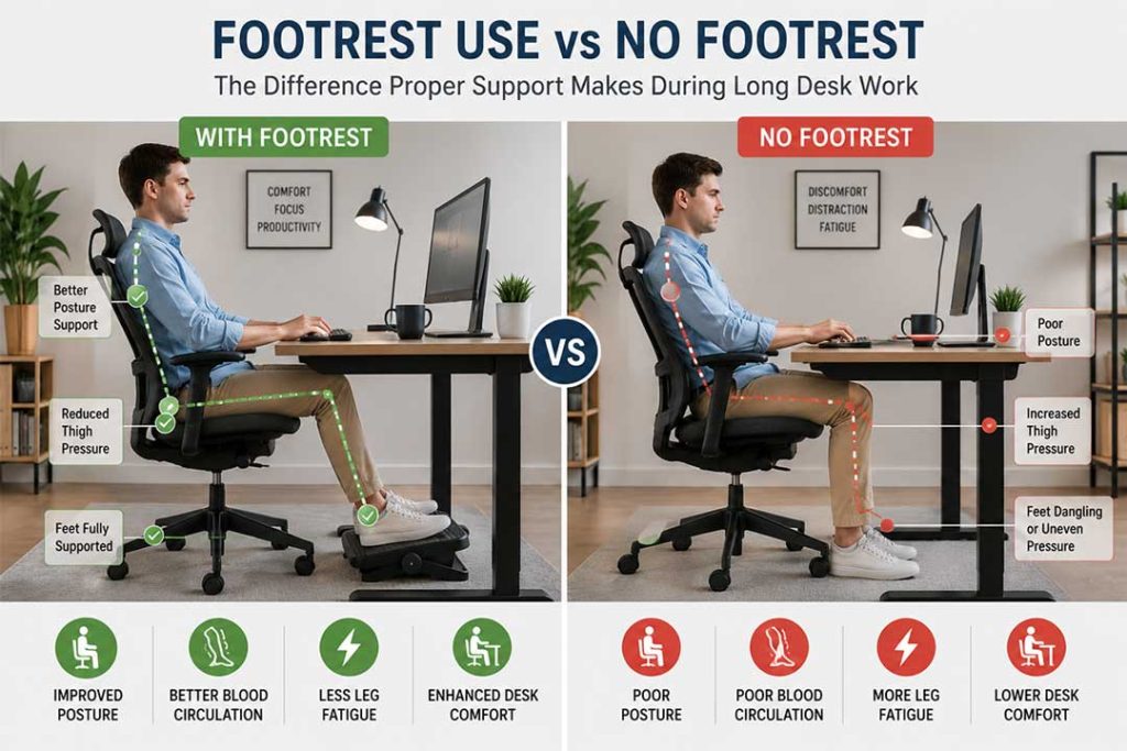 Comparison of using a footrest versus no footrest while sitting at a desk showing differences in posture, leg support, circulation, and overall desk comfort