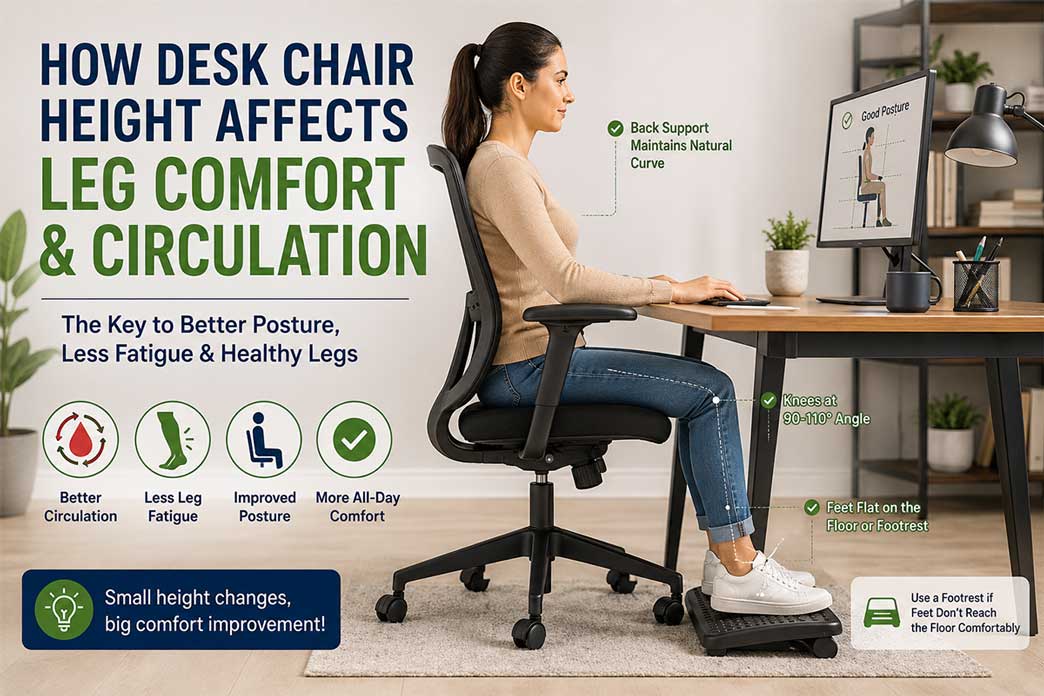 Person adjusting desk chair height for better leg comfort and circulation