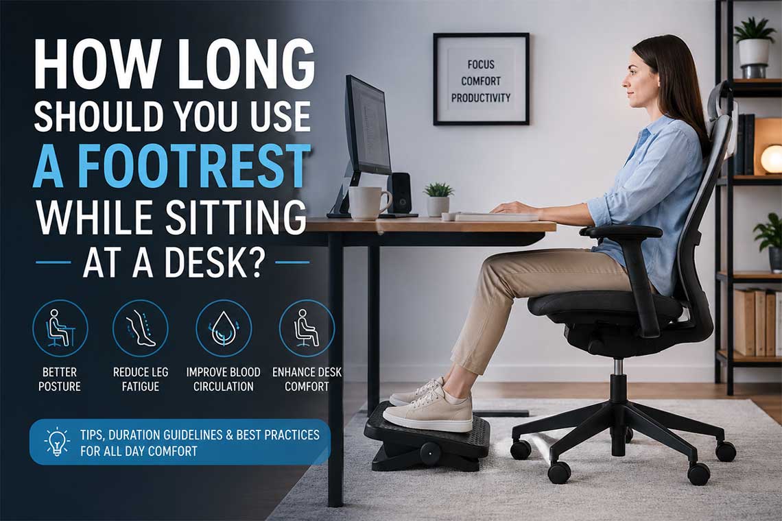 Office worker using an ergonomic footrest while sitting at a desk for long hours with proper leg support and posture