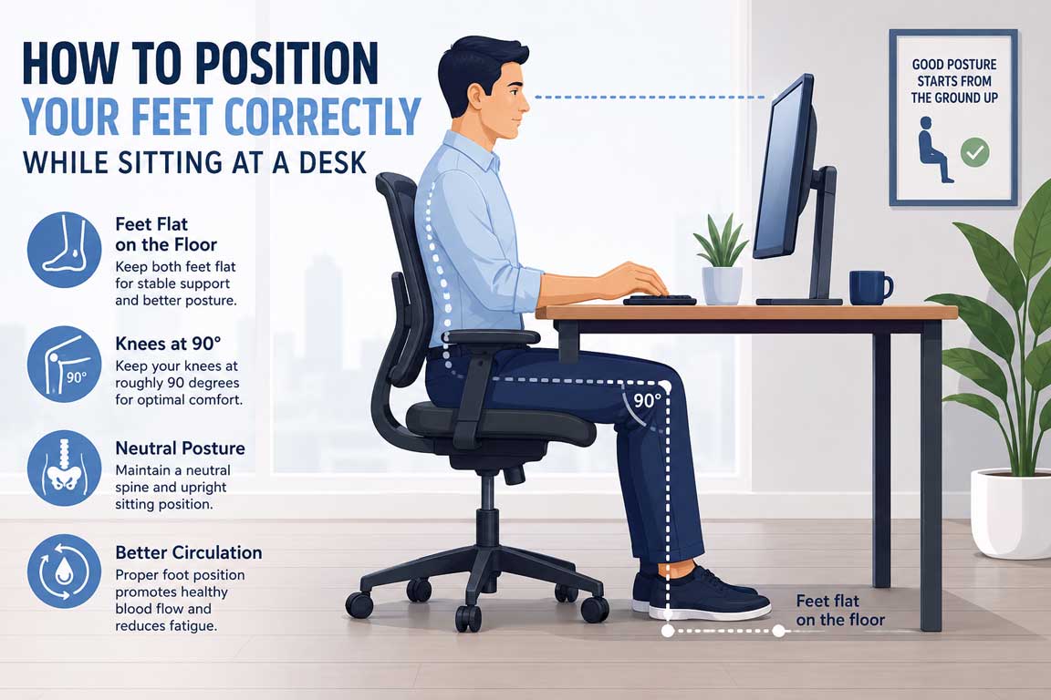 How to position your feet correctly while sitting at a desk with proper ergonomic posture