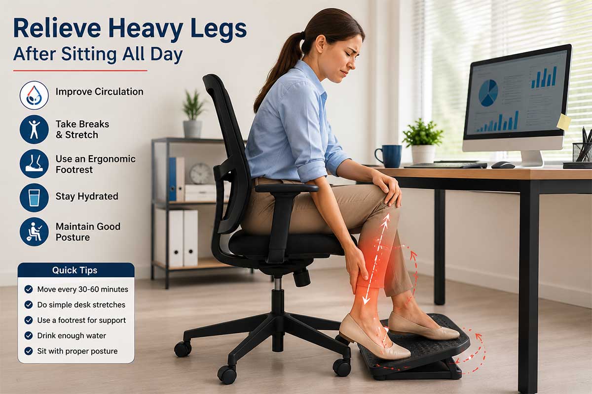 Heavy legs at work caused by prolonged sitting and poor blood circulation