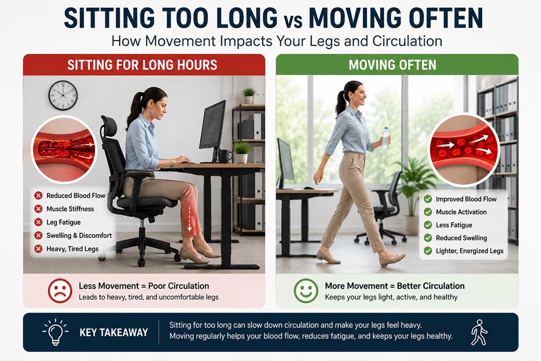 Why do your legs feel heavy after sitting but better after walking illustration showing leg discomfort during sitting and relief after walking