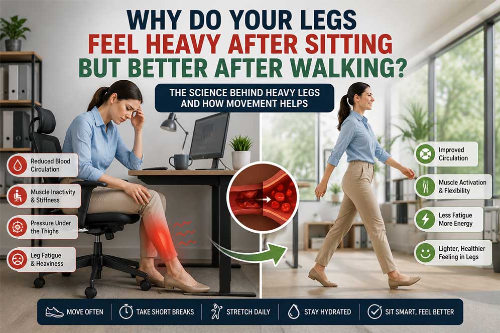Why do your legs feel heavy after sitting but better after walking illustration showing leg discomfort during sitting and relief after walking