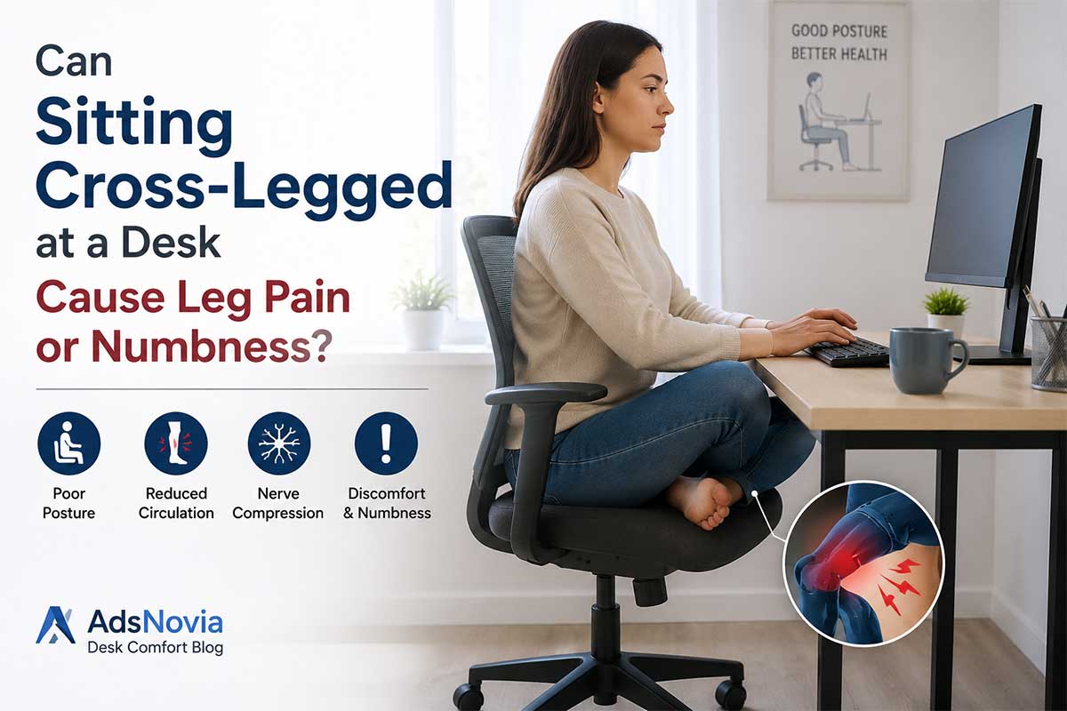 Person sitting cross-legged at a desk experiencing leg numbness while working at a computer
