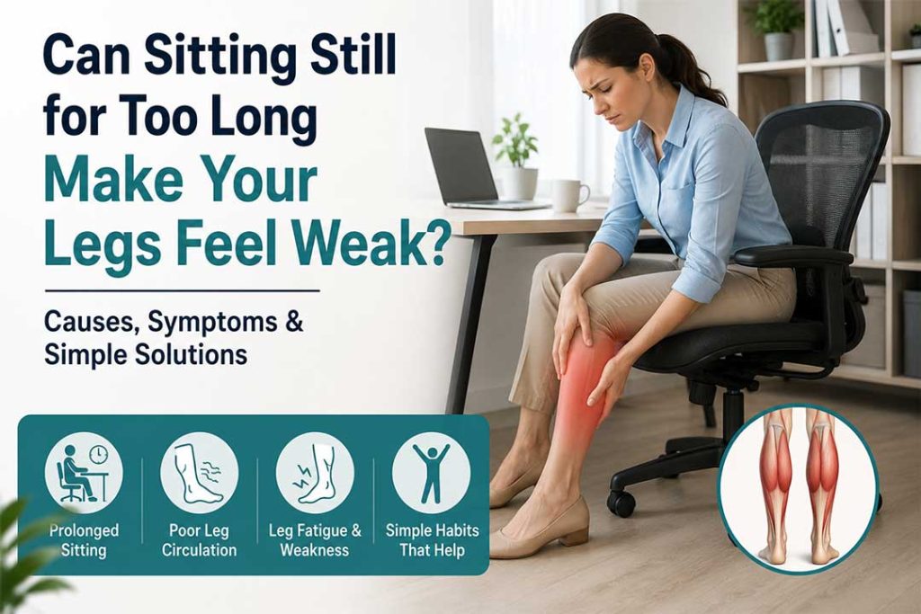 Can sitting still for too long make your legs feel weak? Office worker experiencing leg fatigue after prolonged desk sitting.