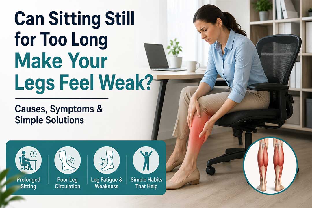 Can sitting still for too long make your legs feel weak? Office worker experiencing leg fatigue after prolonged desk sitting.