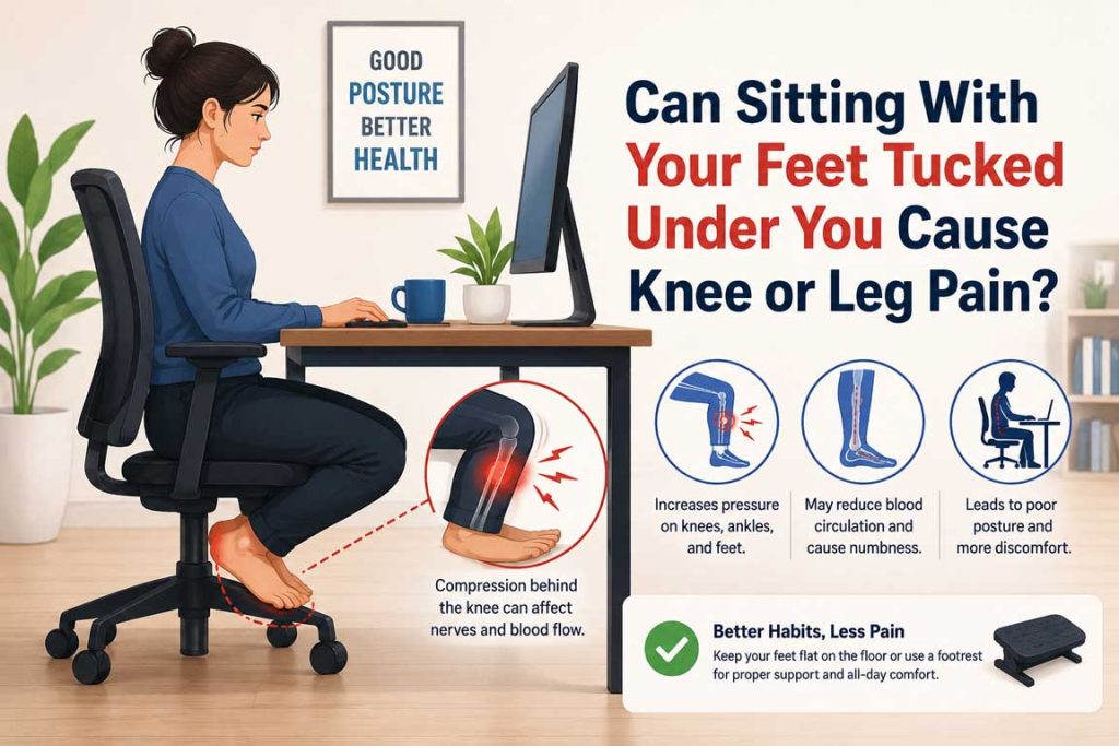 Person sitting at a desk with feet tucked under the chair experiencing knee and leg discomfort