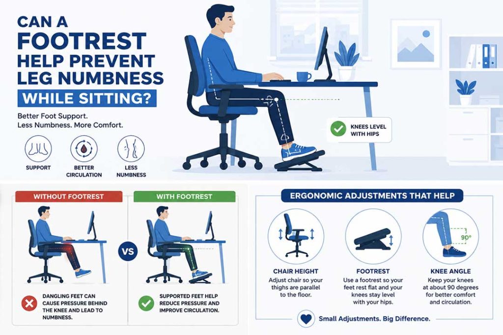 Can a footrest help prevent leg numbness while sitting at a desk by supporting proper leg position