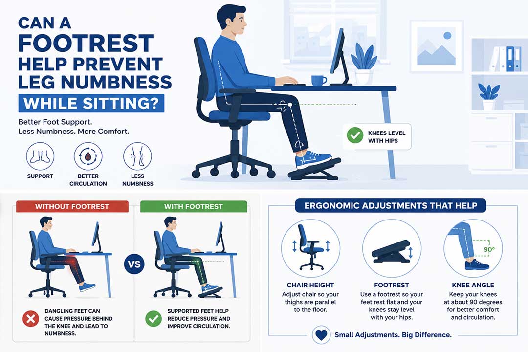 Can a footrest help prevent leg numbness while sitting at a desk by supporting proper leg position