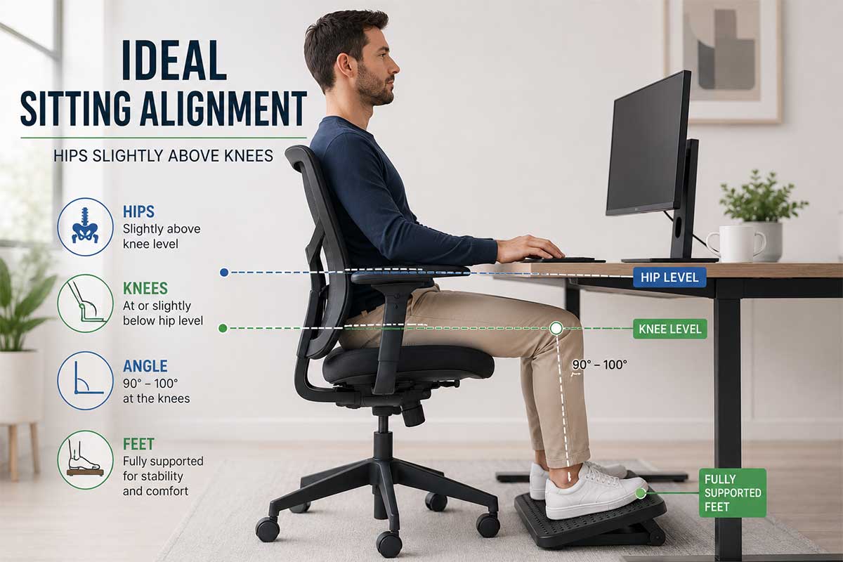 Ideal sitting alignment showing hips slightly higher than knees with feet supported on a footrest at a desk