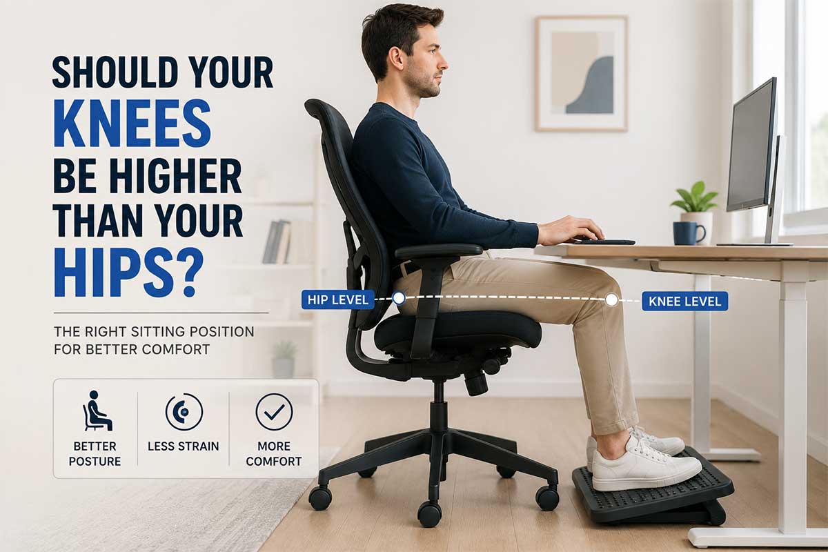 Should your knees be higher than your hips when sitting at a desk with proper ergonomic chair and footrest setup