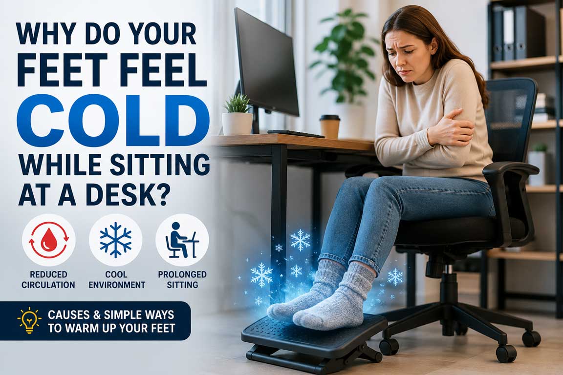 Person sitting at a desk with cold feet while using an ergonomic footrest