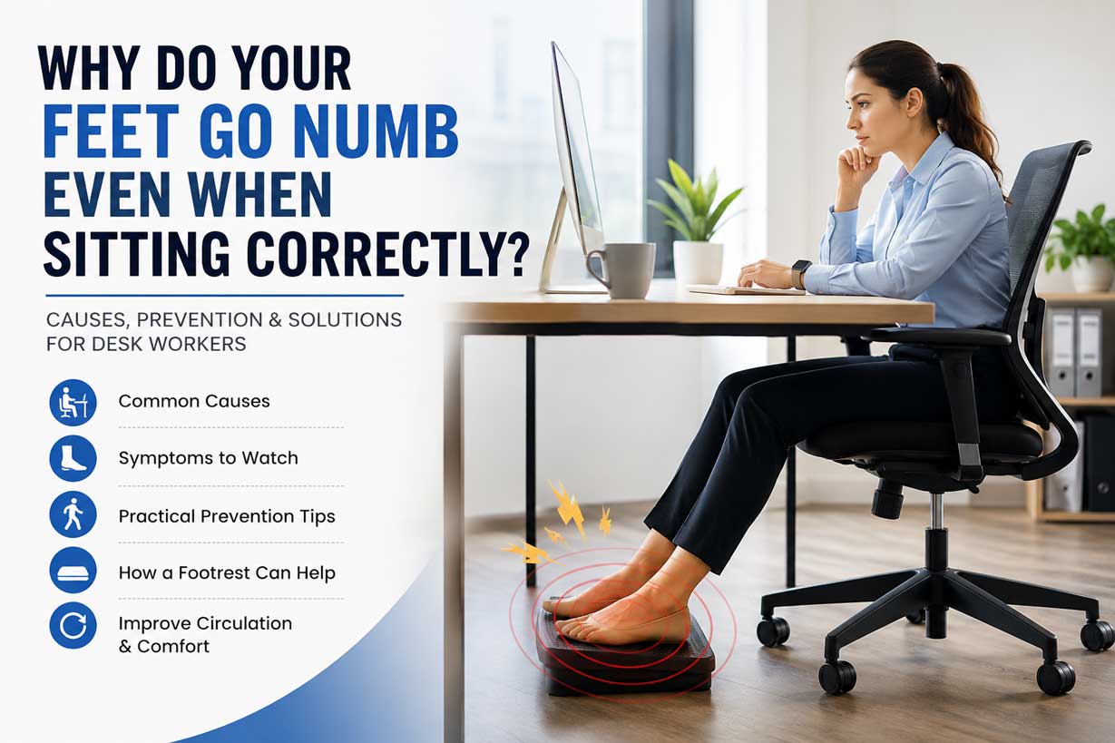 Office worker experiencing numb feet while sitting correctly at a desk using an ergonomic footrest