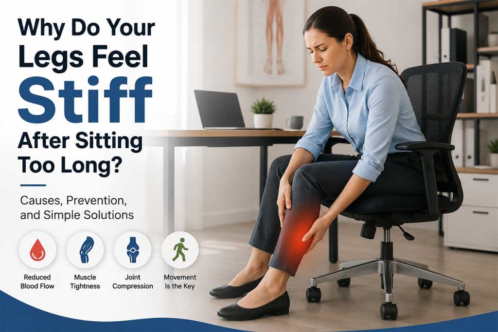 Person experiencing leg stiffness after sitting too long at a desk in an ergonomic office