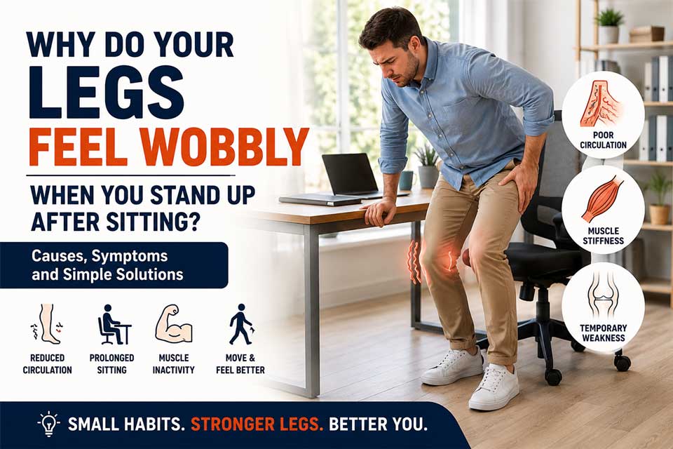 Office worker experiencing temporary leg weakness after sitting still for too long at a desk
