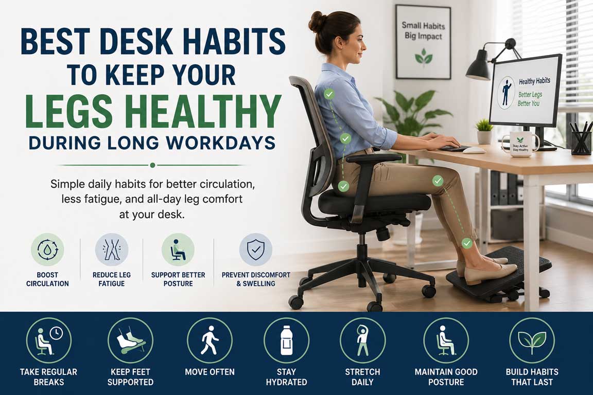 Office worker practicing the best desk habits to keep your legs healthy during long workdays with proper posture and ergonomic foot support