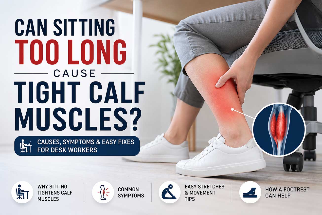 Can sitting too long cause tight calf muscles? Office worker experiencing calf tightness while sitting at a desk.