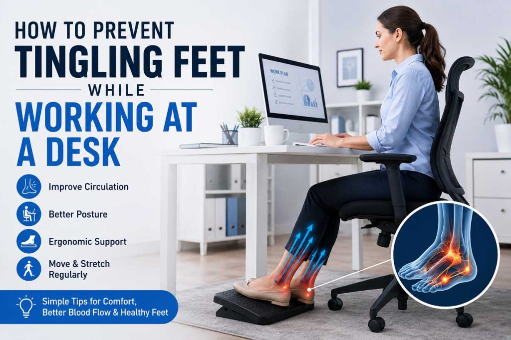 How to prevent tingling feet while working at a desk using ergonomic posture, movement breaks, and a supportive footrest.