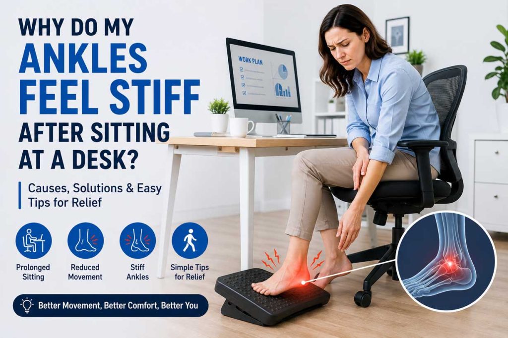 Why do my ankles feel stiff after sitting at a desk? Office worker experiencing ankle stiffness after prolonged sitting.