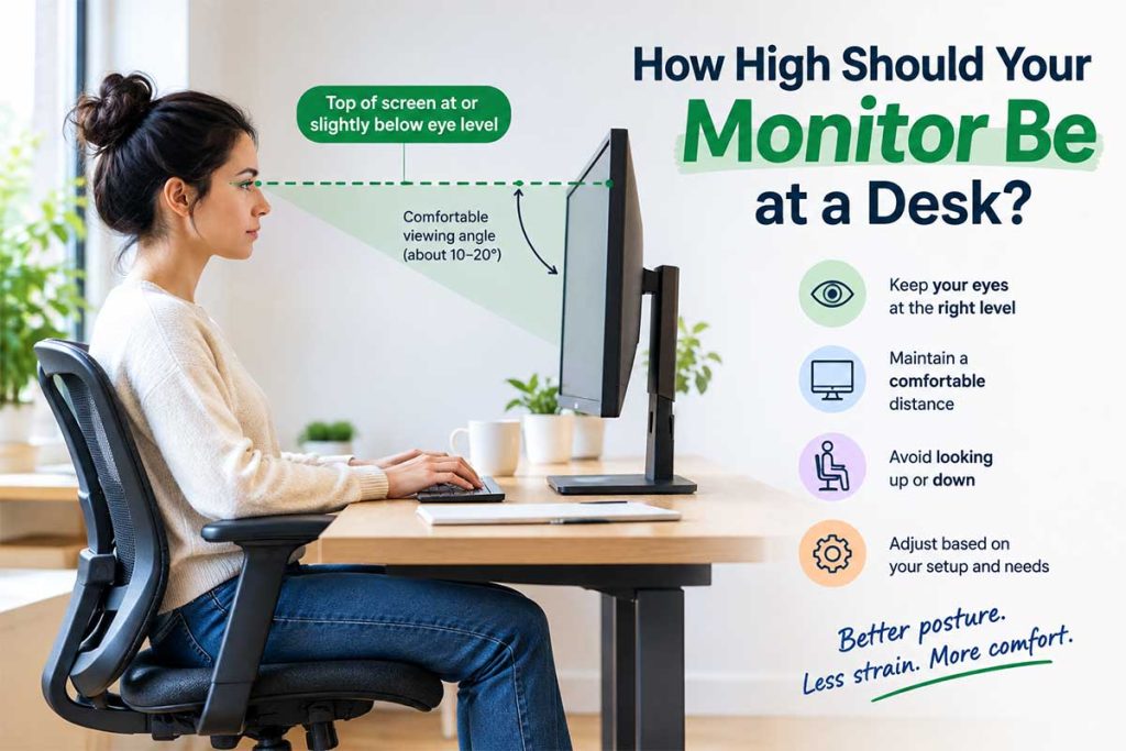 How high should your monitor be at a desk showing proper monitor height at eye level